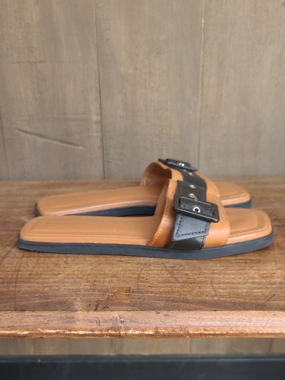 EUC Anthropologie Buckle Slides Women's sz 37/6.5US Cedar/Black Leather Sandals - Picture 4 of 10